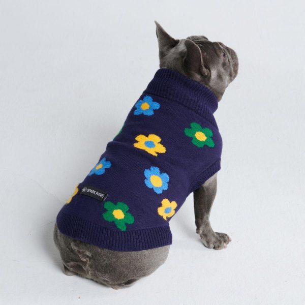 Flower Knit Dog Sweater – Blue Green Yellow | Spark Paws Dog Knit Sweaters Dog Knit Sweaters Blue Green Yellow