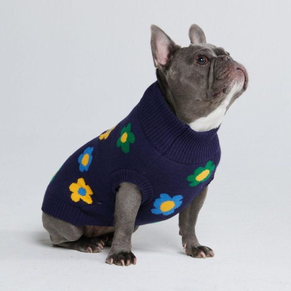 Flower Knit Dog Sweater – Blue Green Yellow | Spark Paws Dog Knit Sweaters Dog Knit Sweaters Blue Green Yellow