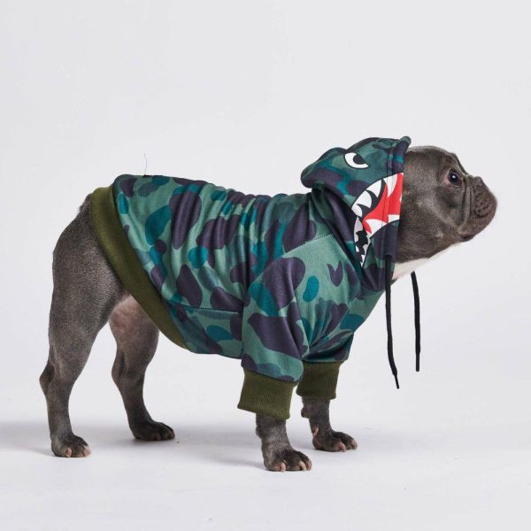 Shark Monster Dog Hoodie – Green Camo | Spark Paws Dog Hoodies Dog Hoodies Dog Hoodies