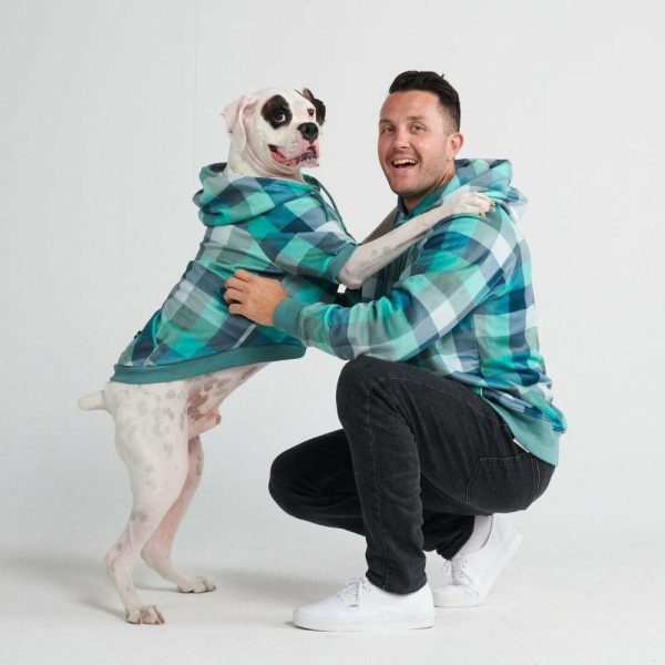 Velvet Dog Hoodie – Turquoise Checkered | Spark Paws Dog Hoodies Dog & Owner Matching Sets Dog & Owner Matching Sets